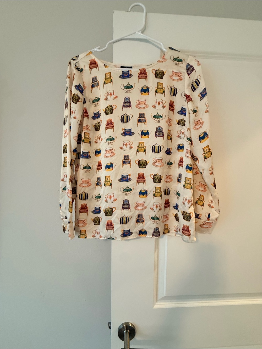 Talbots Cream Blouse with Multicolor Teacup & Chair Print